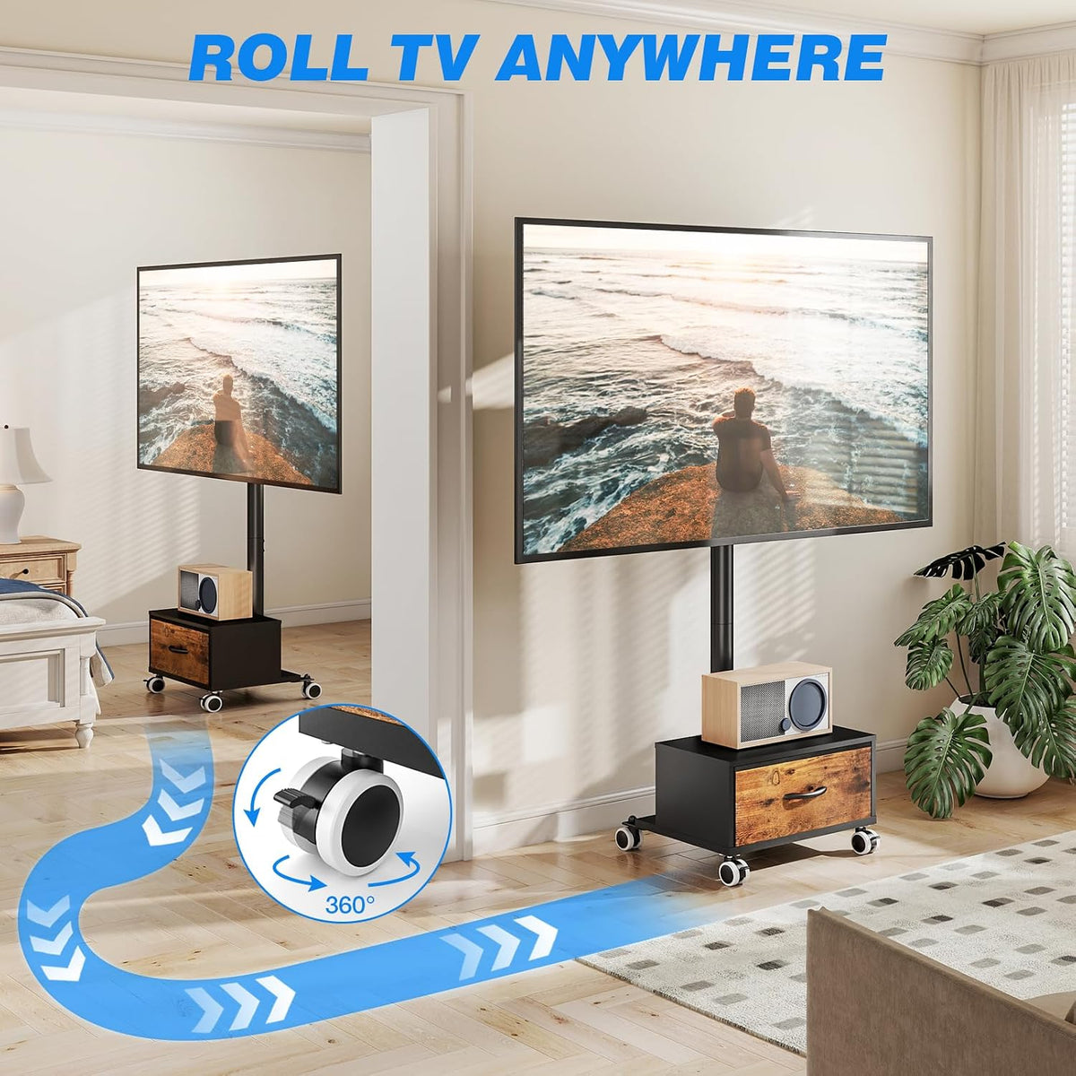 Rfiver Mobile TV Cart with Wooden Drawer for 27-60 Inch TVs (Brown) - Image 3