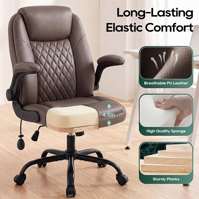 MALOL Leather Office Chair with Adjustable Lumbar Support Set of 2, Brown | Computer Desk Chair with Thick Cushion, Flip-Up Arms and Ergonomic Back, Comfy Executive Office Chair for Home Office Gaming - Image 3