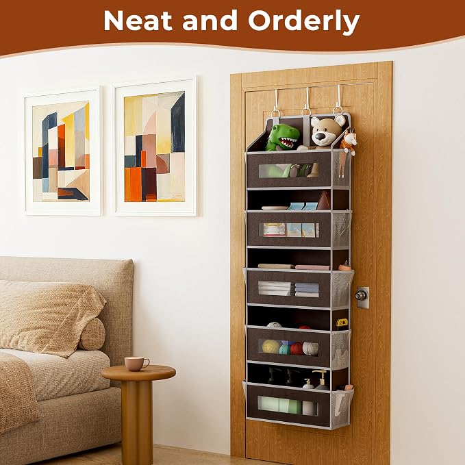 5 Tier Over the Door Organizer for Bathroom, Bedroom, Pantry, Brown | 48 lb Load Capacity, Anti Tilt Design, Hanging Closet Organizer with Clear Windows and 10 Pockets, Door Storage for Nursery - Image 5