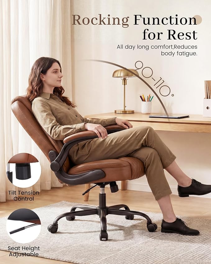 COMHOMA Mid-Back Office Chair, Ergonomic PU Desk Chair with Flip up Arms, Small Computer Gaming with Comfy Lumbar Support,Rocking Function,Sturdy Metal Base, Brown - Image 7