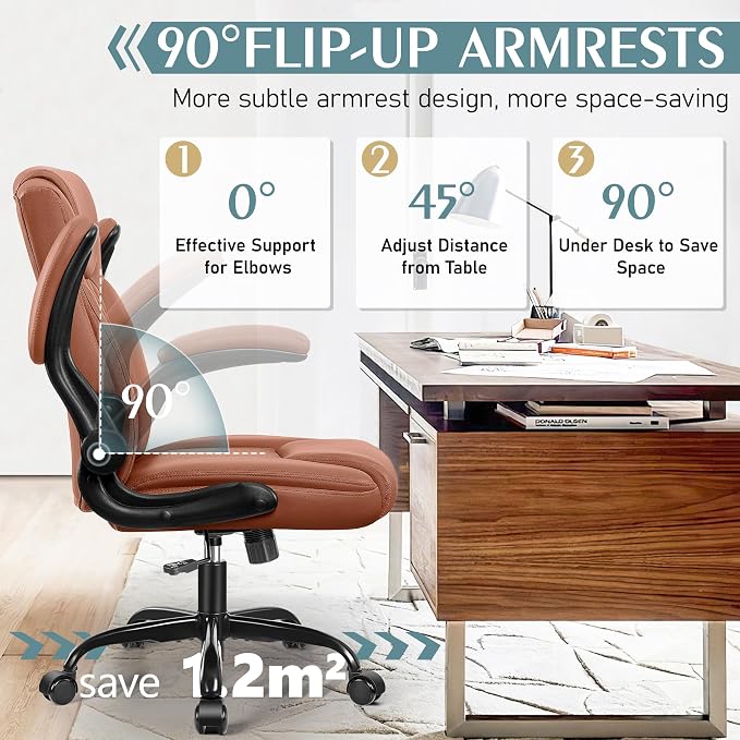 Leather Office Chair with Ergonomic Back Support | Computer Chair with Adjustable Armrests and 360° Swivel Wheels for Home office and Short people - Image 4