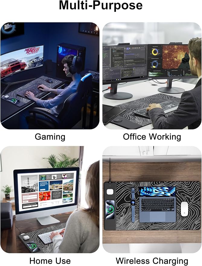 TopMade Mouse Pad with 15W Fast Wireless Charging, 31.5"x15.75" XXL Large Gaming Waterproof Desk Pad with Ultra-Smooth Surface, Non-Slip Base, Computer Desk Mat, Black Topographic Map #1 - Image 8
