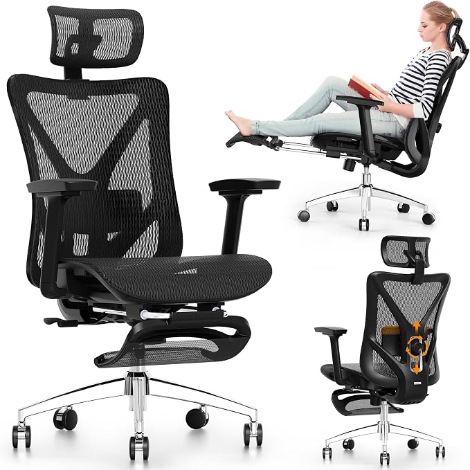 Ergonomic Office Chair with Footrest, 135° Reclining Desk Chair with Adjustable Lumbar Support,3D Armrest,Headrest & Large Steel Base, 300LBS Heavy Duty Mesh Chair by GABRYLLY