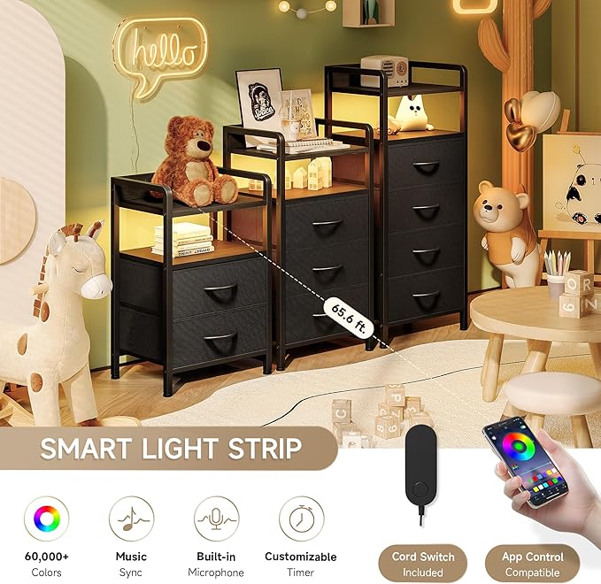 Lazzanto Nightstand with Rear Charging Station, LED Light, 3 Drawers, Black | Industrial Nightstand, 2 USB-A Ports & AC Outlets, Raised Back Guard, Fabric Storage Drawers, Bedside Table for Bedroom, Dorm - Image 4
