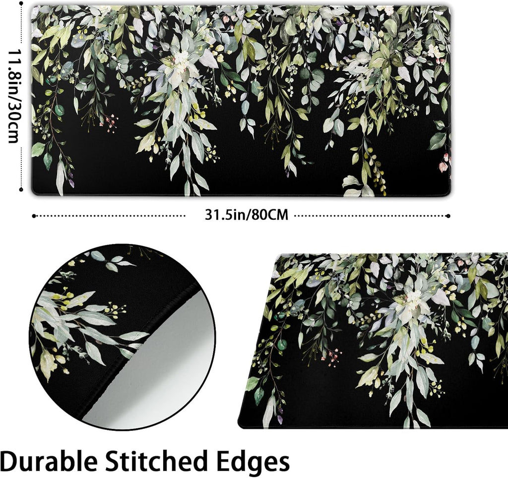 Sage Green Leaves Mouse Pad 31.5x11.8in Floral Black Gaming Mouse Pad Vintage Aesthetic Desk Pad Extended Large Desk Mat Non-Slip Rubber Base Stitched Edge Long Keyboard Mousepad for Computer Laptop - Image 3