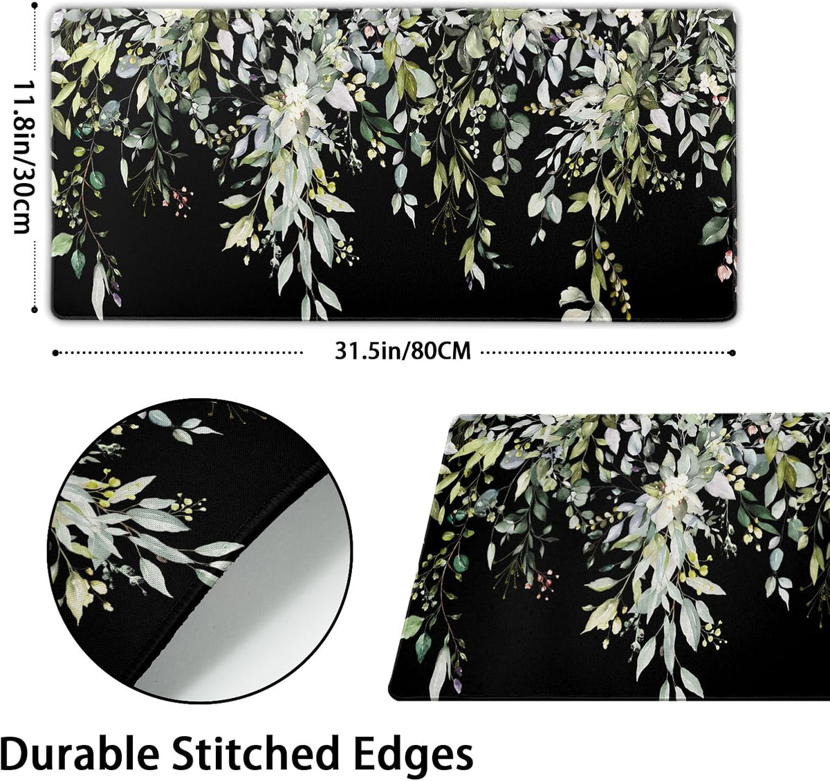 Sage Green Leaves Mouse Pad 31.5x11.8in Floral Black Gaming Mouse Pad Vintage Aesthetic Desk Pad Extended Large Desk Mat Non-Slip Rubber Base Stitched Edge Long Keyboard Mousepad for Computer Laptop - Image 3