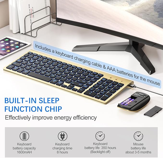 Wireless Backlit Keyboard and Mouse Ultra Slim Combo, TopMate - Gold Black | 2.4G Silent Compact 2400DPI Mouse and Scissor Switch Keyboard Set, Batteries Included, for PC/Laptop/Windows/Mac/Gaming - Image 5