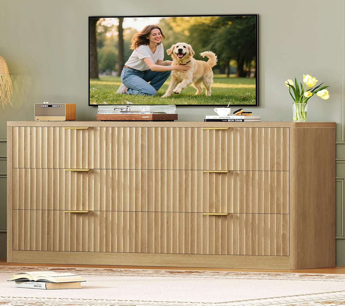56.3'' Dresser for Bedroom with 6 Drawers, Dressers & Chest of Drawers with Curved Profile Design, 6 Drawer Dresser, Fluted Dressers, Wood Dressers for Bedroom, Living Room, Natural - Image 6