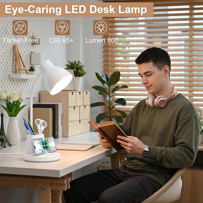 10W Wireless Charging LED Desk Lamp with Pen Holder, CRI 95, White | 800LM, 3 Modes, 360°Flexible Arm, Touch, Brightness, Table Lamp for Home Office, Dorm, Bedside, Study, Reading, with Adapter - Image 6