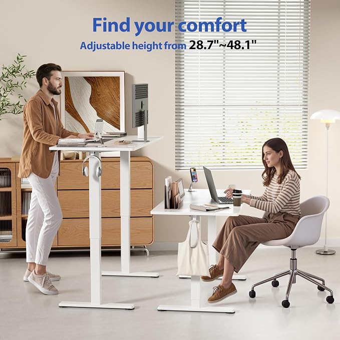 YESHOMY Height Adjustable Electric Standing Desk, 46 x 24 Inches Memory Home Office Sit Stand up Desk with Phone Holder and USB Charging Port, White - Image 4