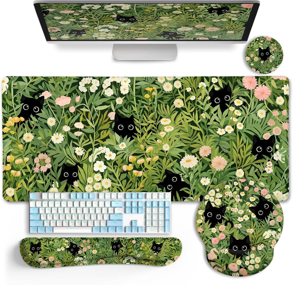 Cat Mouse Pad with Wrist Rest, Green Office Desk Accessories by LIMKRIAN