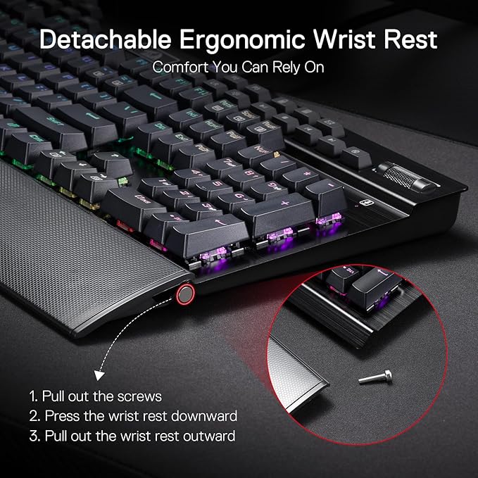Redragon K550 RGB Gaming Keyboard, 104 Keys + 12 Macro G Keys Wired Mechanical Keyboard w/Aluminum Top Plate, Custom Clicky Purple Switch, Extra USB Port & Wrist Rest - Image 6