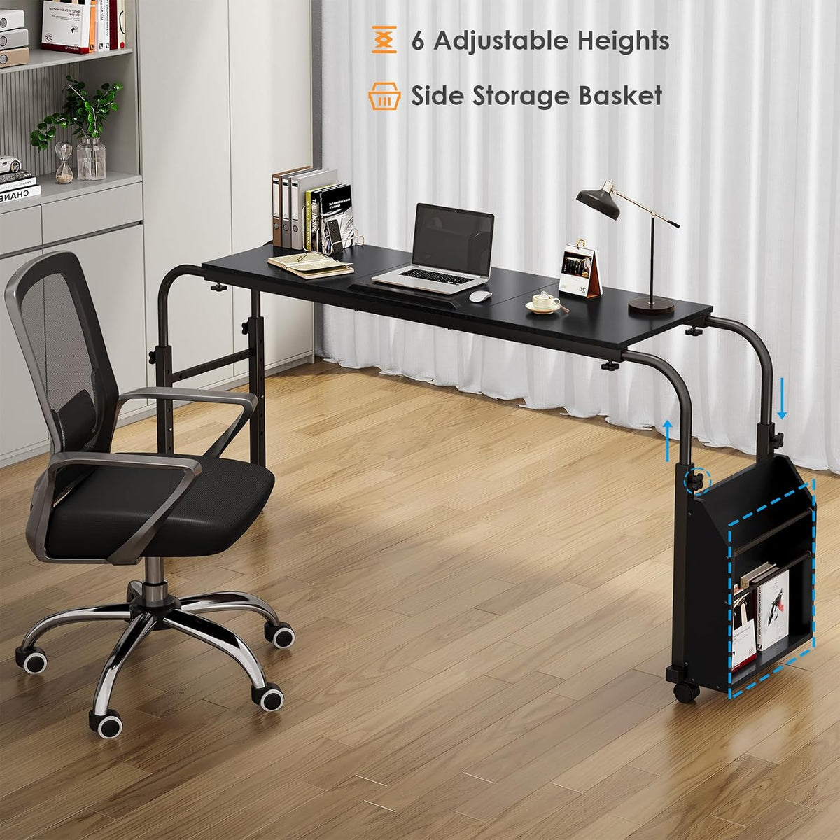 Overbed Table with Wheels,60.6-84.2 inches Mobile Bed Desk, Black - Image 7