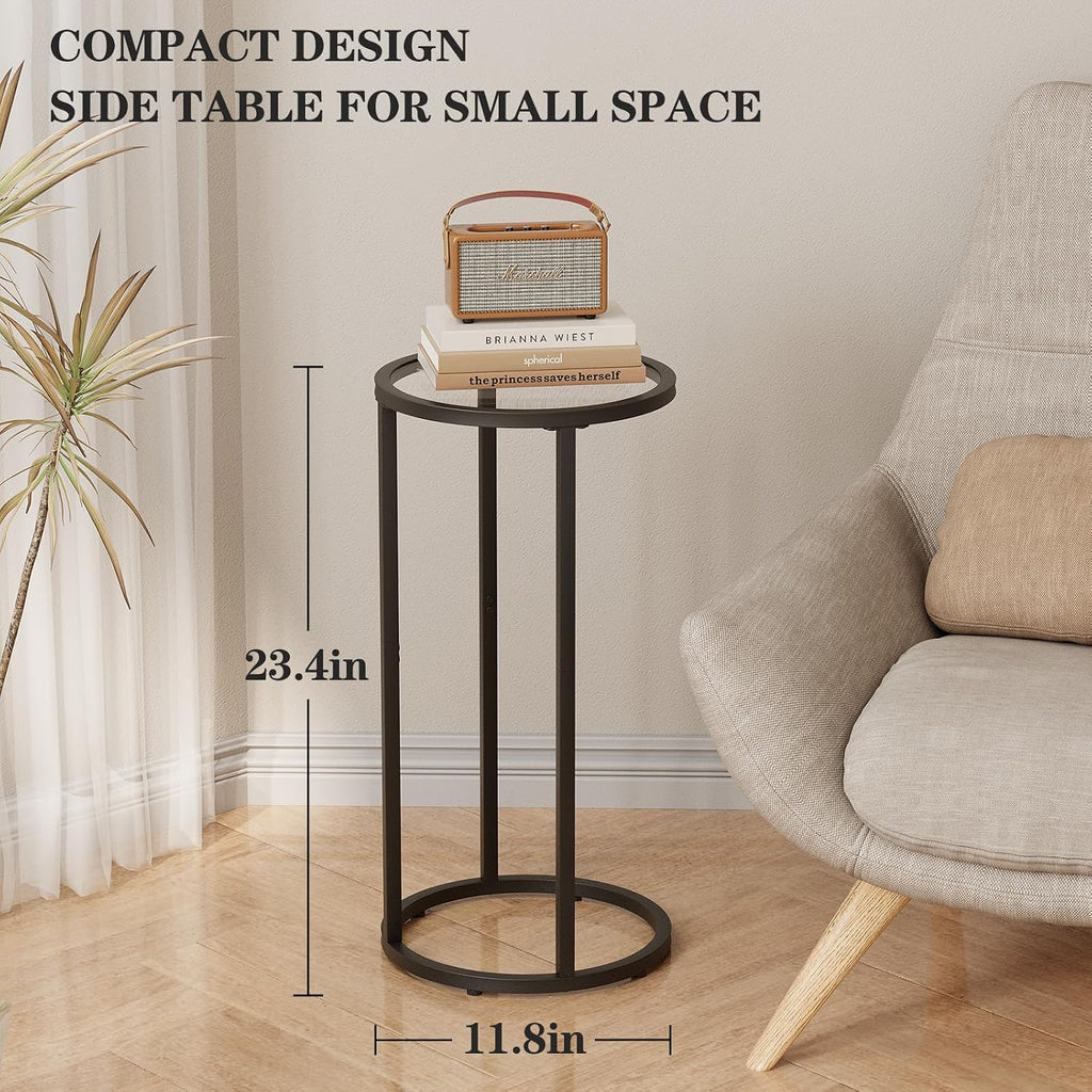 Easy Paws Round Side Table,Glass C Shaped Table,Couch End Table, Tempered Glass Snack Table with Metal Frame, Sofa Couch Bedside Table,TV Tray Table for Small Space(Black,2pcs) - Image 3