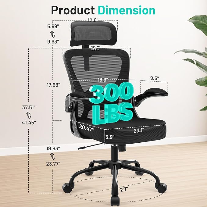 Office Chair - Ergonomic Desk Chair Breathable Mesh Chair with 2D Headrest & Adjustable Lumbar Support - Executive High Back Rolling Swivel Computer Gaming Chair with Wheels Flip-up Armrests - Image 2