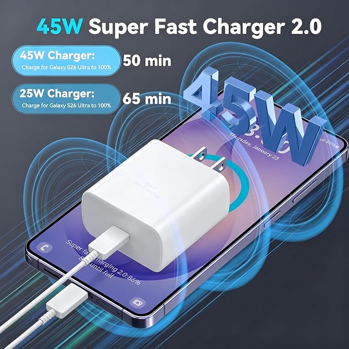 45W Super Fast Charger USB C Android Phone Type C Charger Fast Charging Block with 6.6FT Cord for Samsung Galaxy S26/S26 Ultra/S26+/S25 Ultra/S25/S24 Ultra/S24/S23 Ultra/S22/S21/S20/Note 10, White - Image 2