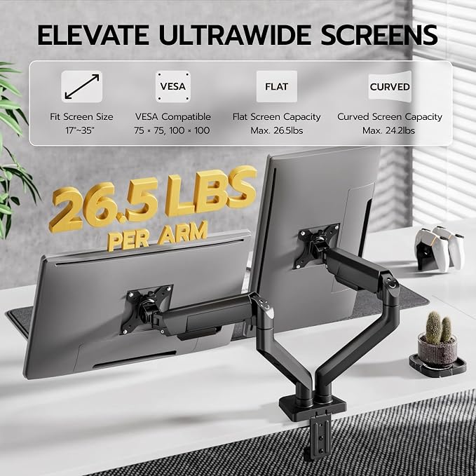 ARES WING Dual Monitor Mount with USB for 2 Monitors for 17-35 inch, Black | Heavy Duty Monitor Arms for 2 Monitors, Fully Adjustable Monitor Desk Stand for Ultrawide Screen, VESA 75x75 or 100x100mm - Image 3