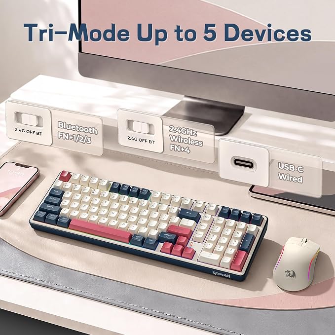 Redragon K528 Wireless Gaming Keyboard Bluetooth Computer Keyboards Creamy Cute with Number Pad RGB Backlit Tri-Mode BT/2.4GHz/USB-C, 4000mAh Battery for Win/MAC- Dusty Olive - Image 3