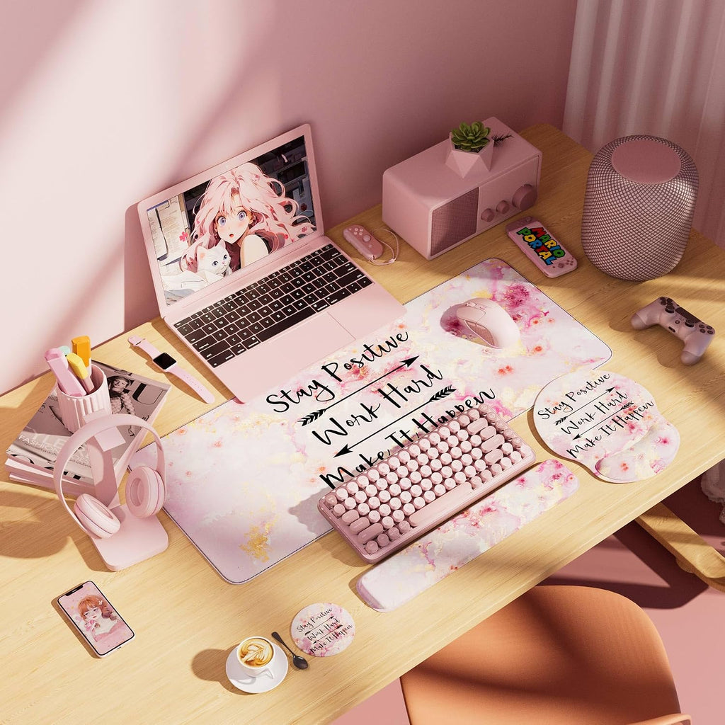 Large Mouse Pad and Keyboard Wrist Rest + Desk Mat Set,Full Long Mouse Pads for Desk Accessories with Memory Foam Gel Pink Mousepad for Women Computer Desktop Office Work-Pink & Black Slogan - Image 4
