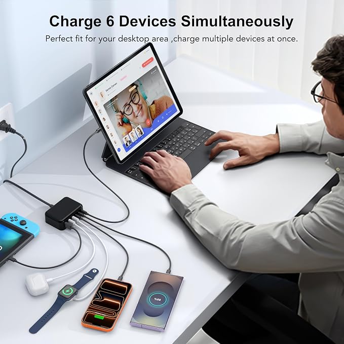 USB C Charger Block, GaN Fast USB Charging Station Hub with 100W Max 6-Port | 3 USB-C & 3 USB-A Compact Desktop Charger for Home Office, PD20W USB Power Strip for iPad iPhone 17 16 15 14 Pro Max Galaxy - Image 5