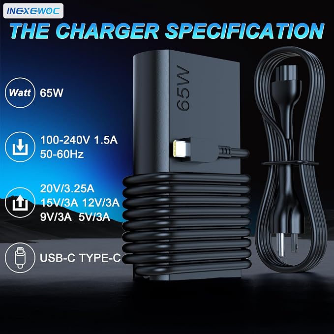 Slim 65W USB C Laptop Charger Compatible with Lenovo ThinkPad T480s T580s T490 E480 E580 X1Carbon X13 Chromebook 2nd Gen Yoga Slim Type C Fast Charging Computer Power Cord - Image 4