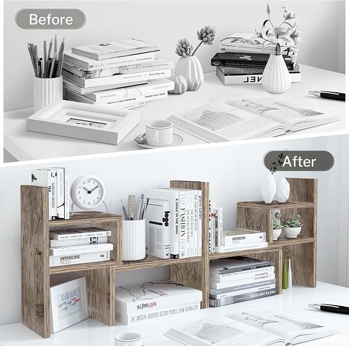 Jerry & Maggie Office Desk Organizers and Accessories for College Dorm Decor, Supplies Wooden Desk Organizer for Plants, Cubicle Shelf of Makeup Organizer for Cute Room Decor, Grey Oak - Image 4