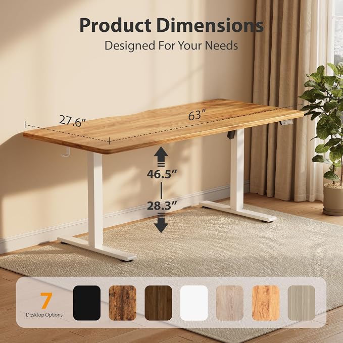 Cubiker Standing Desk, 63x28 Inches Sit Stand Home Office Desk, Electric Stand up Desk, Adjustable Desk with Splice Board, White Frame/Light Rustic Top - Image 2