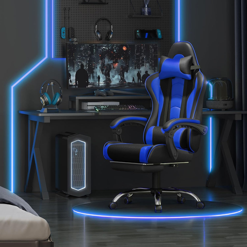 Yaheetech Gaming Chair with Footrest Massage Lumbar Pillow Black and Blue - Image 2