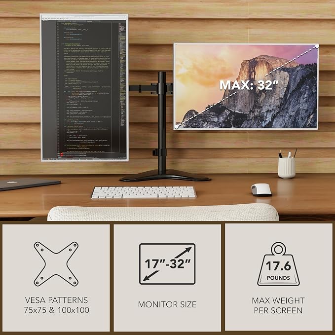 Mount-It! Dual Monitor Stand, Premium Adjustable Desk Mount for Two 13–32 Inch Screens up to 17 lbs Each, Full Motion Swivel Tilt Rotate Height Adjustable Arms, VESA 75x75 100x100, Steel Base - Image 2