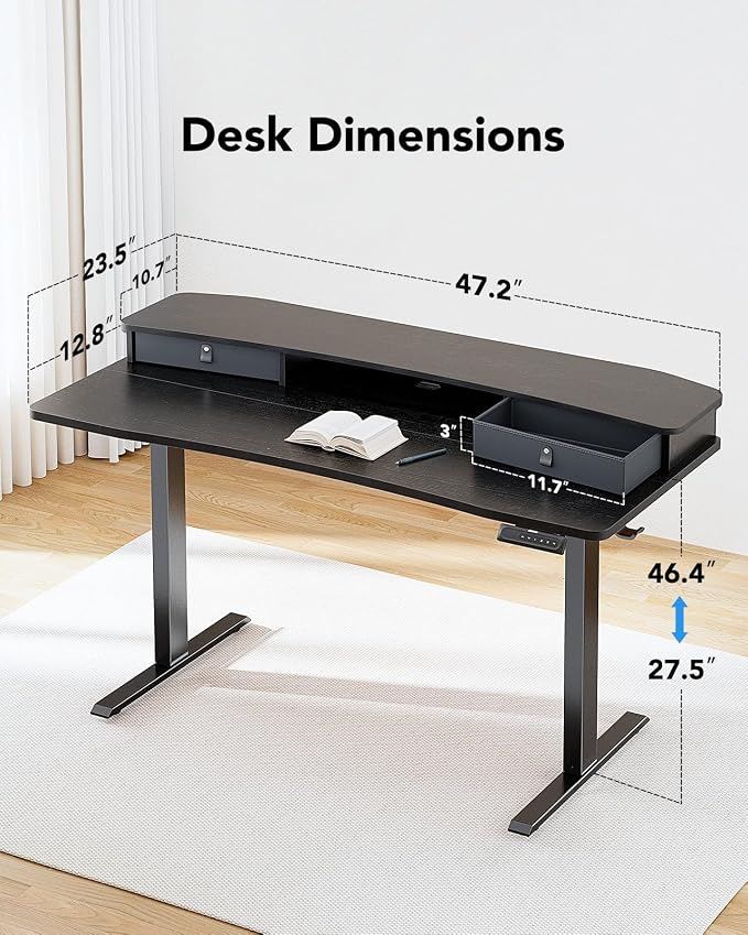 HUANUO 48″ x 24″ Electric Standing Desk with 2 Drawers, C-Clamp Mount Compatible, Height Adjustable Computer Desk, Home Office Stand Up Desk with 4 Preset Heights & 2 Hooks, Black - Image 2