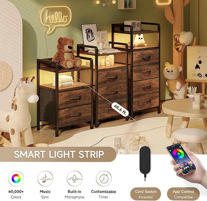 Lazzanto Nightstand with Rear Charging Station, LED Light, 2 Drawers, Brown | Industrial Nightstand, 2 USB-A Ports & AC Outlets, Raised Back Guard, Fabric Storage Drawers, Bedside Table for Bedroom, Dorm - Image 4