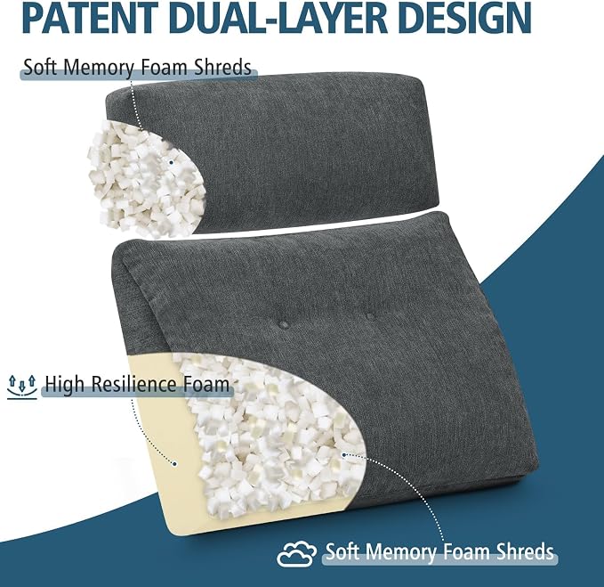 Lumbar Support Pillow for Recliner Chair with Headrest, Dual-Layer Large Back Pillow for Deep Couch & Sofa, Memory Foam Lower Back Support Cushion Set for Sciatica Relief Dark Grey - Image 2