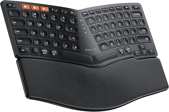 ProtoArc EK04 Mini Compact Wireless Ergonomic Keyboard - Black | Hard Palm Rest, 3-Device Bluetooth/2.4G, Split Design, Rechargeable, Compatible with Windows, Mac OS by ProtoArc