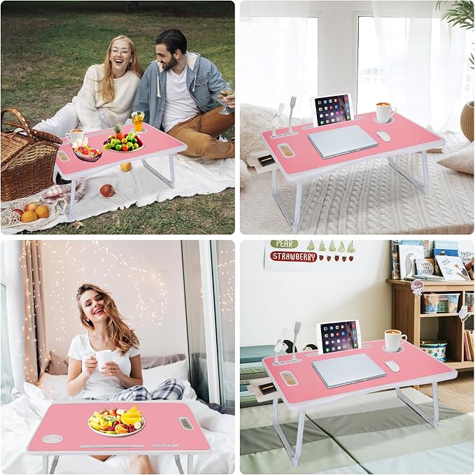 Laptop Bed Table, Laptop Desk for Bed, Foldable Laptop Bed Desk with USB Charge Port, Handle, Desktop Card Slot, Cup Slot, Side Drawer, Portable Laptop Table for Bed Eating Reading Working - Image 6