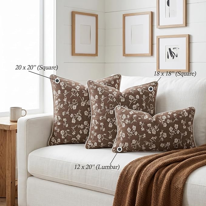 18x18 Chenille Jacquard Throw Pillow Cover, Taupe Gray Vintage Floral Cushion Case with Piped Edges, Decorative Accent for Sofa, Couch & Bed, 2 Pack - Image 5