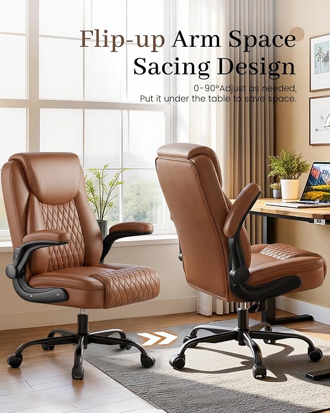 COMHOMA Mid-Back Office Chair, Ergonomic PU Desk Chair with Flip up Arms, Small Computer Gaming with Comfy Lumbar Support,Rocking Function,Sturdy Metal Base, Brown - Image 4