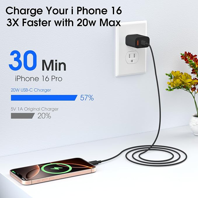 iPhone 17 16 15 Charger Fast Charging,20W USB C Wall Charger Block with 10ft Type C to C Cable Cord for Apple iPhone 17/17 Pro/17 Pro Max/17 Air/16/16 Plus/16 Pro/16 Pro Max/15 Pro Max/iPad Pro Black - Image 3