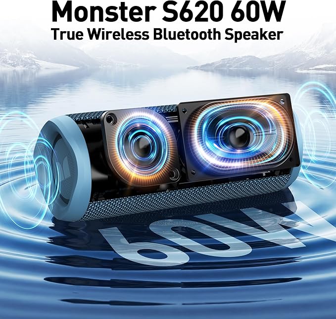 Monster S620 Bluetooth Speaker, Wireless Portable Outdoor Bluetooth Speakers, 60W True Wireless Stereo IPX8 Waterproof, Dual PairingBluetooth 5.4 Built-in Mic, Perfect for Home, Blue - Image 3