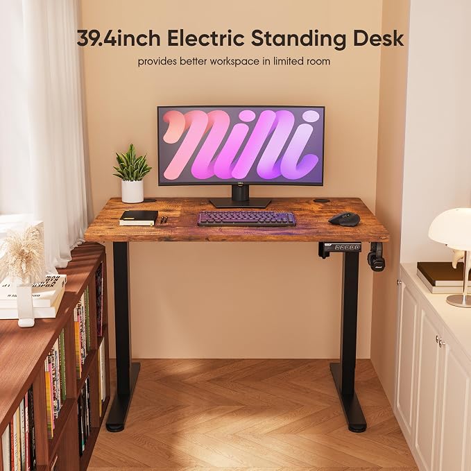 Monomi 39.4" Electric Standing Desk, Height Adjustable sit Stand up,Brown | Small Ergonomic Home Office Computer Desk Workstation with 3 Memory Setting and headphone hooks,Space Saving,Easy Install - Image 3