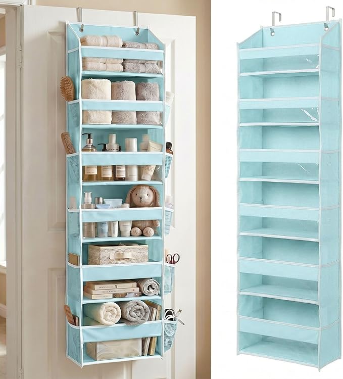 HOMELUX THEORY Over the Door Organizer, 6-Tier, 100D Fabric, Baby Blue 1pc | Over the door shoe organizer, 50 lbs capacity, 12 side mesh pockets, 100D extra thick fabric, Closet & entryway storage by HomeluxTheory