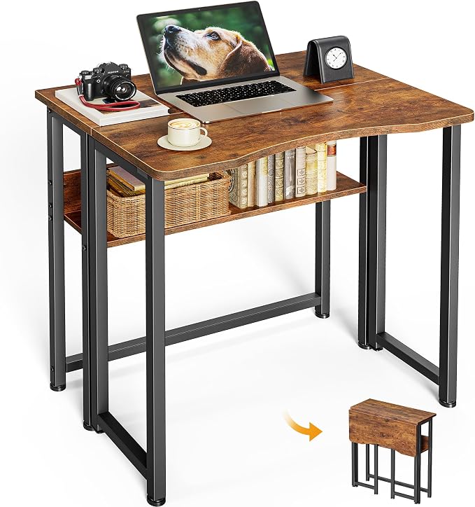 Huuger Folding Desk with Storage Shelf, 23.6 Inch Foldable Computer Table | Writing Work Office Computer Desk for Small Spaces, Space Saving Sofa Table for Couch, Easy to Fold, Rustic Brown by Huuger