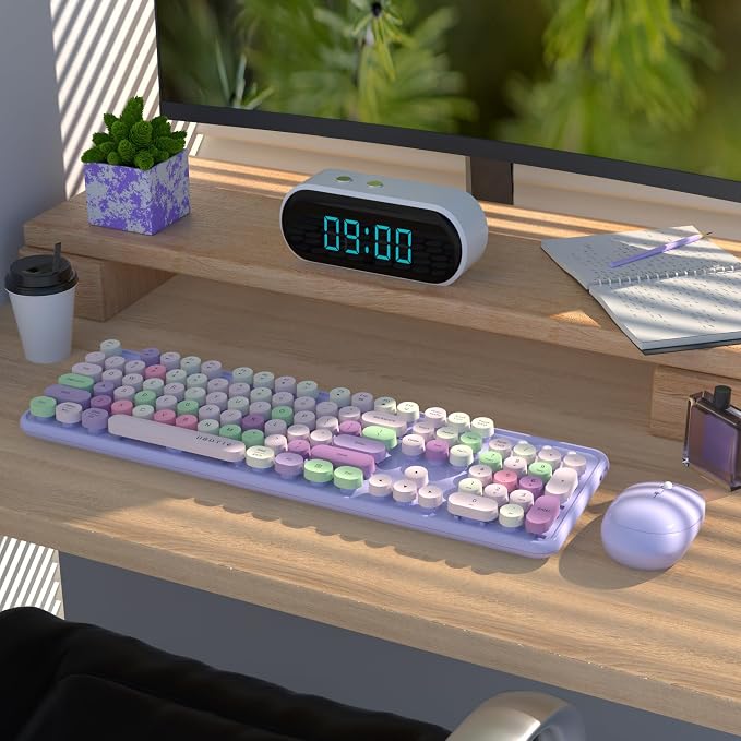 UBOTIE Colorful Wireless Keyboard and Mouse Combo (Purple-Colorful) | Retro Typewriter Floating Full-Sized Keys Computer Keyboard with Optical Mouse, 2.4GHz USB Connection for Windows Mac - Image 2