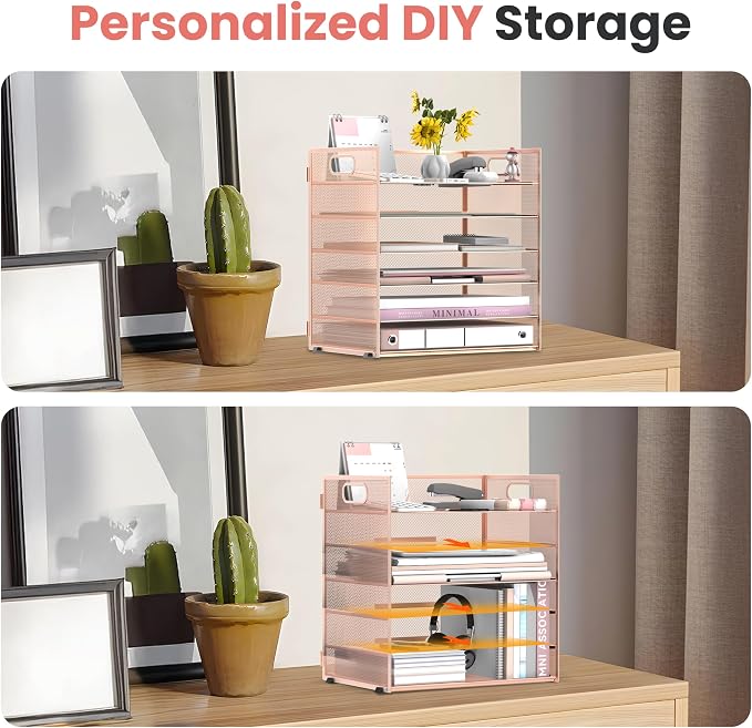 Daltack 6-Tier Paper Organizer for Desk with Handle, Rose Gold | Sturdy Metal Mesh Organizer with Movable Middle Trays and a Carry Handle for Papers, Folders and Office Supplies - Image 3