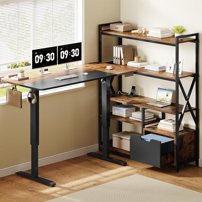 77.8 Inches L Shaped Standing Desk Corner Desk with Hutch Electric Height Adjustable Desk with Storage Shelves File Drawer Power Outlets Reversible Computer Gaming Desk for Home Office, Brown by Homiflex