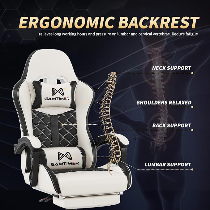Gamtimer Gaming Chair, 400 LB Weight Capacity,with Pocket Spring Cushion | Ergonomic Backrest Office Chair,Leather, with Headrest and Lumbar Support, Footrest, Suitable for Adults(White) - Image 7
