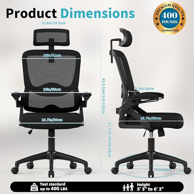 Ergonomic Office Chair,Mesh Office Chair with Lumbar Support,High Back Desk Chair with Flip-up Arms,400 lbs Big and Tall Computer Chair with Headrest,Comfy Desk Chairs - Image 2