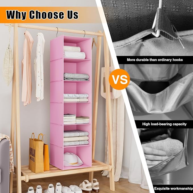 Hanging Closet Organizer 6-Shelf, Oxford Fabric Wardrobe Storage, Pink | Easy-mount foldable design holds clothes, handbags, shoes & accessories; washable Oxford fabric, sturdy and space-saving. - Image 7