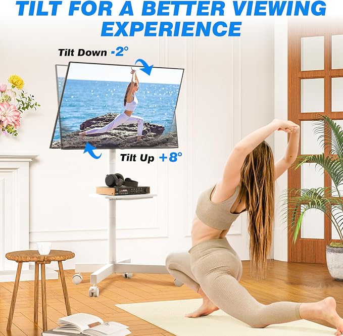 Rfiver Mobile TV Stand for 23-65 Inch Flat/Curved TVs up to 88 lbs White | Rolling TV Stand with Adjustable Shelf & Tilt, Portable Floor Stand on Wheels for Bedroom, Living Room, Max VESA 400x400mm - Image 5