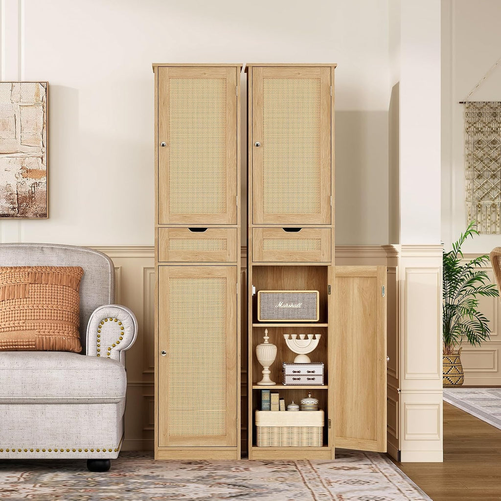 66.9" H Tall Storage Cabinet with 2 Rattan Doors and 1 Drawer, Narrow Rattan Cabinet with Adjustable Shelves, for Living Room, Entryway, Kitchen, Natural - Image 2