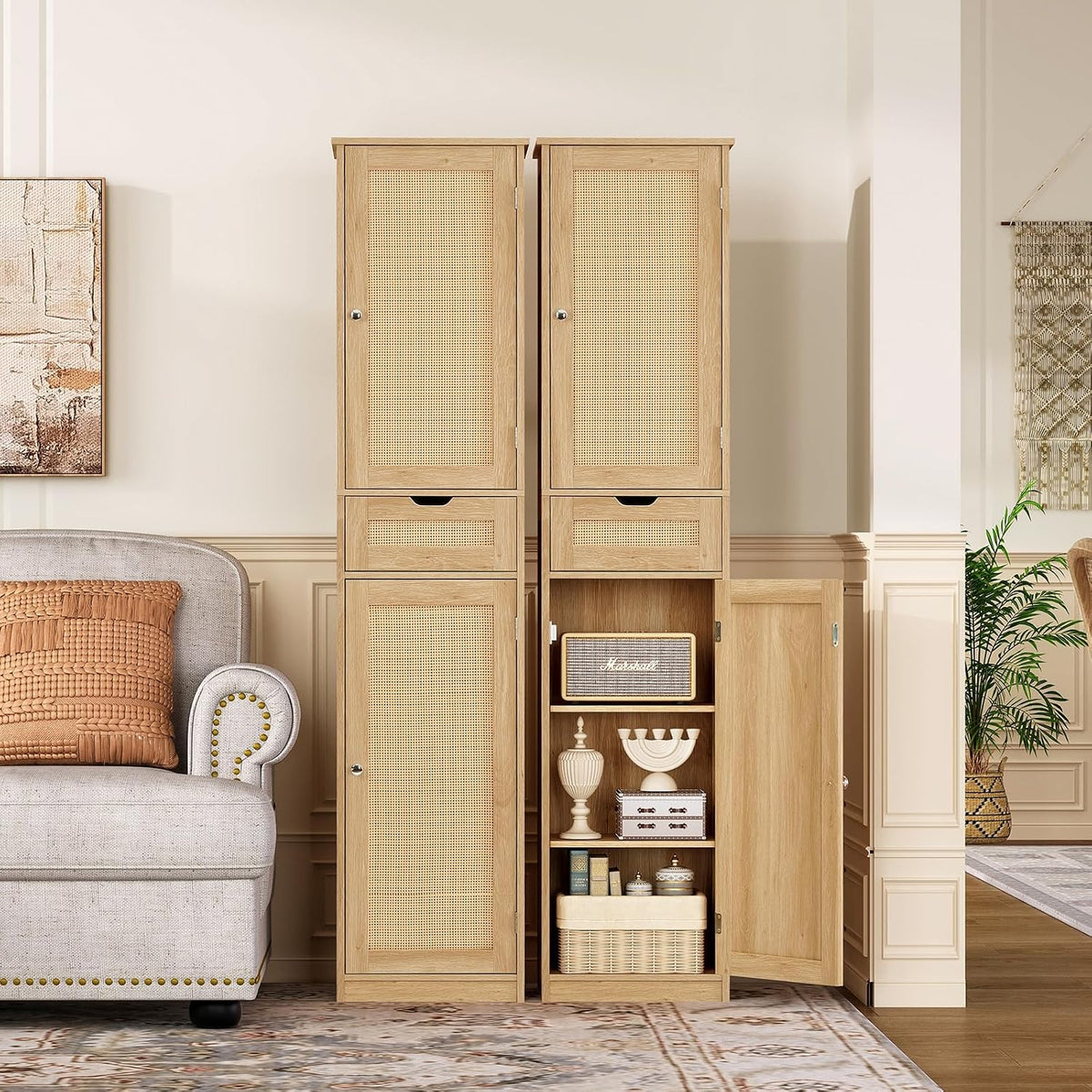 66.9" H Tall Storage Cabinet with 2 Rattan Doors and 1 Drawer, Narrow Rattan Cabinet with Adjustable Shelves, for Living Room, Entryway, Kitchen, Natural - Image 2